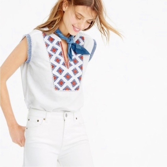J. Crew Sunburst Embroidered Boho Linen Sleeveless Blouse, Size 2 - Picture 1 of 15